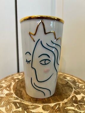 Starbucks White Ceramic Tumbler with Gold Rim and Teal Face Line Art No Lid